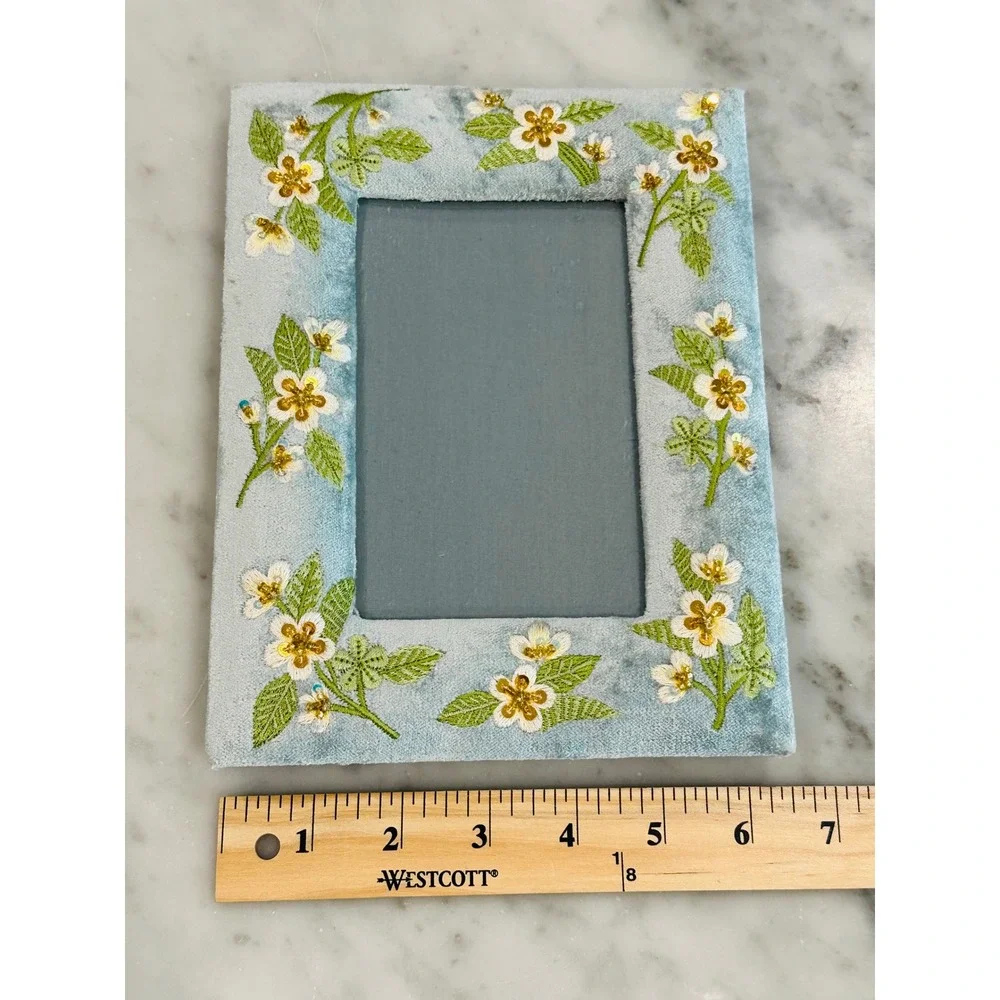Grandmillennial Blue Velvet Floral Frame Embroidered Sequin 4x6 Shaila Anant